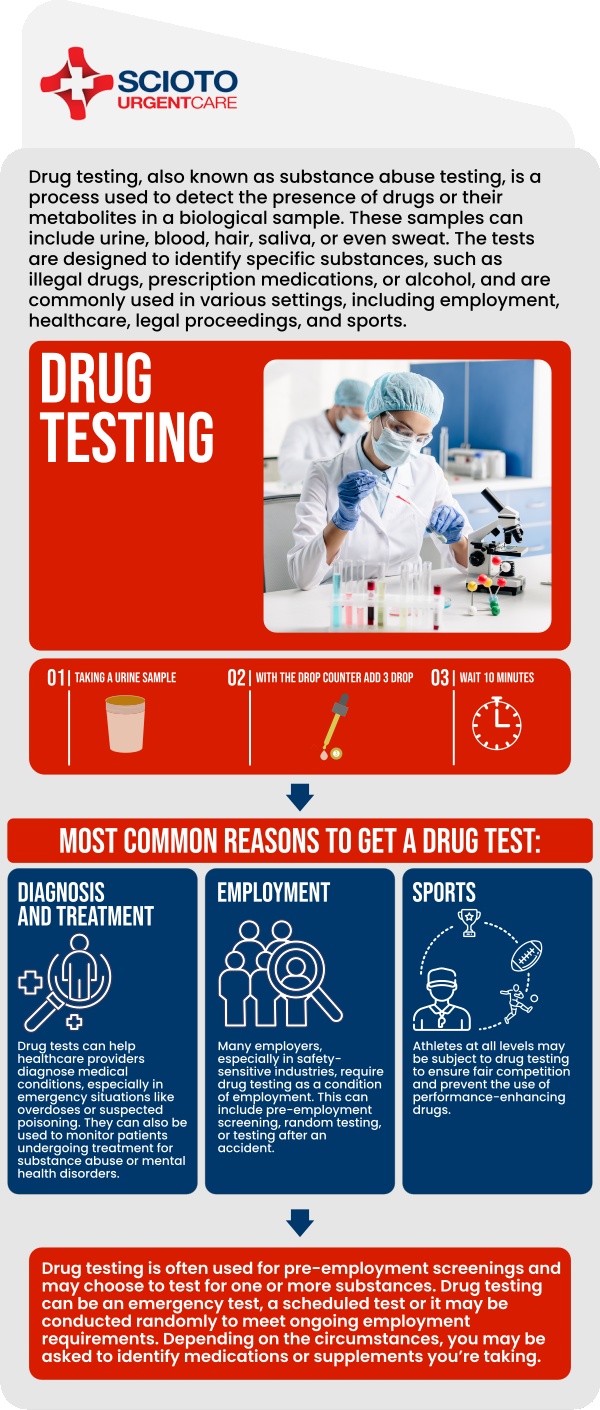 Drug testing is an important tool used to detect the presence of substances in the body, often required for employment, school, athletics, or medical purposes. At Scioto Urgent Care, we provide fast, confidential, and accurate drug testing services to meet workplace policies and individual needs. Our board-certified doctor, Dr. William Rothe, M.D., uses reliable testing methods to ensure accurate results in a professional setting. For more information, contact us or schedule an appointment online. We are conveniently located at 4760 Sawmill Road Columbus, OH 43235. Drug testing is an important tool used to detect the presence of substances in the body, often required for employment, school, athletics, or medical purposes. At Scioto Urgent Care, we provide fast, confidential, and accurate drug testing services to meet workplace policies and individual needs. Our board-certified doctor, Dr. William Rothe, M.D., uses reliable testing methods to ensure accurate results in a professional setting. For more information, contact us or schedule an appointment online. We are conveniently located at 4760 Sawmill Road Columbus, OH 43235.
