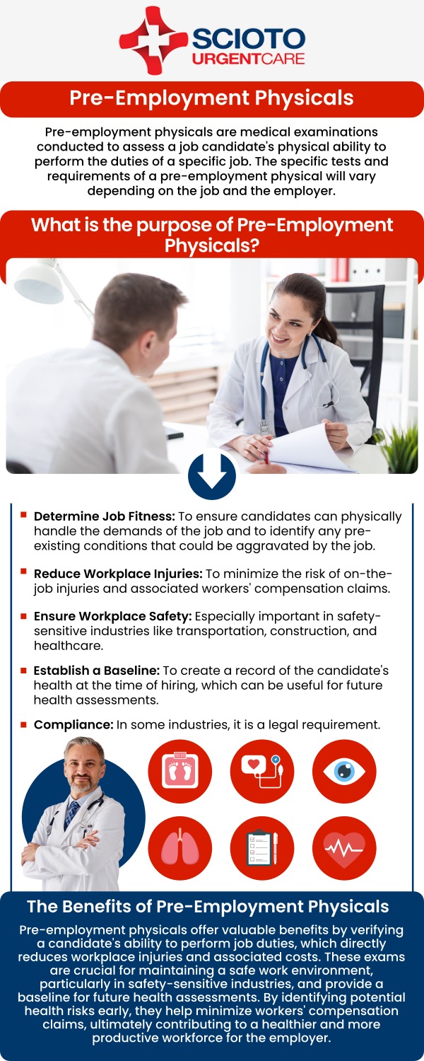 Common questions asked by patients: What does a pre-employment physical exam consist of? What to expect at a pre-employment physical? How long do pre-employment physicals take? Do pre-employment physicals include drug testing? Pre-employment physical exams help ensure candidates are healthy and fit for the demands of a specific job role. At Scioto Urgent Care, board-certified physician Dr. William Rothe, M.D., provides thorough evaluations to support employee well-being and promote workplace safety. For more information, contact us now or book an appointment. We are conveniently located at 4760 Sawmill Road Columbus, OH 43235. We serve patients from Columbus OH, Dublin OH, Upper Arlington OH, Hilliard OH, Worthington OH, and surrounding areas. Common questions asked by patients: What does a pre-employment physical exam consist of? What to expect at a pre-employment physical? How long do pre-employment physicals take? Do pre-employment physicals include drug testing?
Pre-employment physical exams help ensure candidates are healthy and fit for the demands of a specific job role. At Scioto Urgent Care, board-certified physician Dr. William Rothe, M.D., provides thorough evaluations to support employee well-being and promote workplace safety. For more information, contact us now or book an appointment. We are conveniently located at 4760 Sawmill Road Columbus, OH 43235. We serve patients from Columbus OH, Dublin OH, Upper Arlington OH, Hilliard OH, Worthington OH, and surrounding areas.