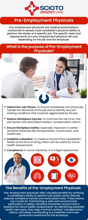 Common questions asked by patients: What does a pre-employment physical exam consist of? What to expect at a pre-employment physical? How long do pre-employment physicals take? Do pre-employment physicals include drug testing? Pre-employment physical exams help ensure candidates are healthy and fit for the demands of a specific job role. At Scioto Urgent Care, board-certified physician Dr. William Rothe, M.D., provides thorough evaluations to support employee well-being and promote workplace safety. For more information, contact us now or book an appointment. We are conveniently located at 4760 Sawmill Road Columbus, OH 43235. We serve patients from Columbus OH, Dublin OH, Upper Arlington OH, Hilliard OH, Worthington OH, and surrounding areas. Common questions asked by patients: What does a pre-employment physical exam consist of? What to expect at a pre-employment physical? How long do pre-employment physicals take? Do pre-employment physicals include drug testing?
Pre-employment physical exams help ensure candidates are healthy and fit for the demands of a specific job role. At Scioto Urgent Care, board-certified physician Dr. William Rothe, M.D., provides thorough evaluations to support employee well-being and promote workplace safety. For more information, contact us now or book an appointment. We are conveniently located at 4760 Sawmill Road Columbus, OH 43235. We serve patients from Columbus OH, Dublin OH, Upper Arlington OH, Hilliard OH, Worthington OH, and surrounding areas.