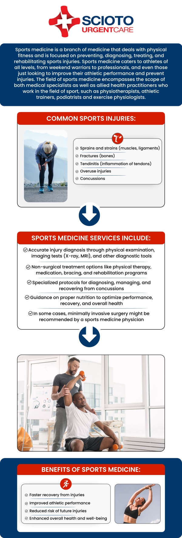 Common questions asked by patients: What is sports medicine? What conditions does sports medicine treat? Who can benefit from sports medicine? How does sports medicine help athletes? Can sports medicine help with injury prevention? A sports medicine doctor specializes in diagnosing, treating, and preventing injuries related to physical activity, from sprains and strains to overuse conditions. These physicians also guide athletes and active individuals on safe training practices and recovery strategies. In Columbus, OH, board-certified Dr. William Rothe, M.D., at Scioto Urgent Care provides personalized sports medicine care to support long-term health and performance. For more information, contact us now or book an appointment. We are conveniently located at 4760 Sawmill Road Columbus, OH 43235. We serve patients from Columbus OH, Dublin OH, Upper Arlington OH, Hilliard OH, Worthington OH, and surrounding areas. Common questions asked by patients: What is sports medicine? What conditions does sports medicine treat? Who can benefit from sports medicine? How does sports medicine help athletes? Can sports medicine help with injury prevention?
A sports medicine doctor specializes in diagnosing, treating, and preventing injuries related to physical activity, from sprains and strains to overuse conditions. These physicians also guide athletes and active individuals on safe training practices and recovery strategies. In Columbus, OH, board-certified Dr. William Rothe, M.D., at Scioto Urgent Care provides personalized sports medicine care to support long-term health and performance. For more information, contact us now or book an appointment. We are conveniently located at 4760 Sawmill Road Columbus, OH 43235. We serve patients from Columbus OH, Dublin OH, Upper Arlington OH, Hilliard OH, Worthington OH, and surrounding areas.