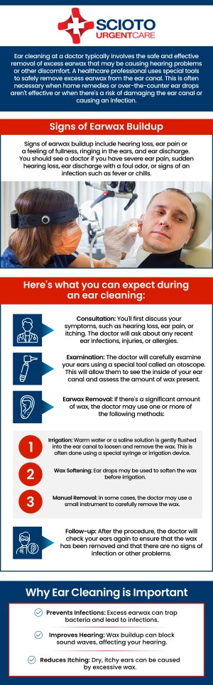Excessive earwax can lead to a variety of uncomfortable symptoms, including earaches, tinnitus, and even temporary hearing loss. While many people try to remove earwax at home, using cotton swabs or other objects can often push the wax deeper, causing more harm than good. At Scioto Urgent Care in Columbus, OH, our experienced medical staff provides safe and gentle earwax removal procedures. Using specialized tools and techniques, we can effectively clear the blockage and restore your comfort and hearing. Don't risk damaging your ears—trust the professionals at Scioto Urgent Care for fast and effective relief. For more information, contact us or schedule an appointment online. We are conveniently located at 4760 Sawmill Road Columbus, OH 43235. Excessive earwax can lead to a variety of uncomfortable symptoms, including earaches, tinnitus, and even temporary hearing loss. While many people try to remove earwax at home, using cotton swabs or other objects can often push the wax deeper, causing more harm than good. At Scioto Urgent Care in Columbus, OH, our experienced medical staff provides safe and gentle earwax removal procedures. Using specialized tools and techniques, we can effectively clear the blockage and restore your comfort and hearing. Don't risk damaging your ears—trust the professionals at Scioto Urgent Care for fast and effective relief. For more information, contact us or schedule an appointment online. We are conveniently located at 4760 Sawmill Road Columbus, OH 43235.