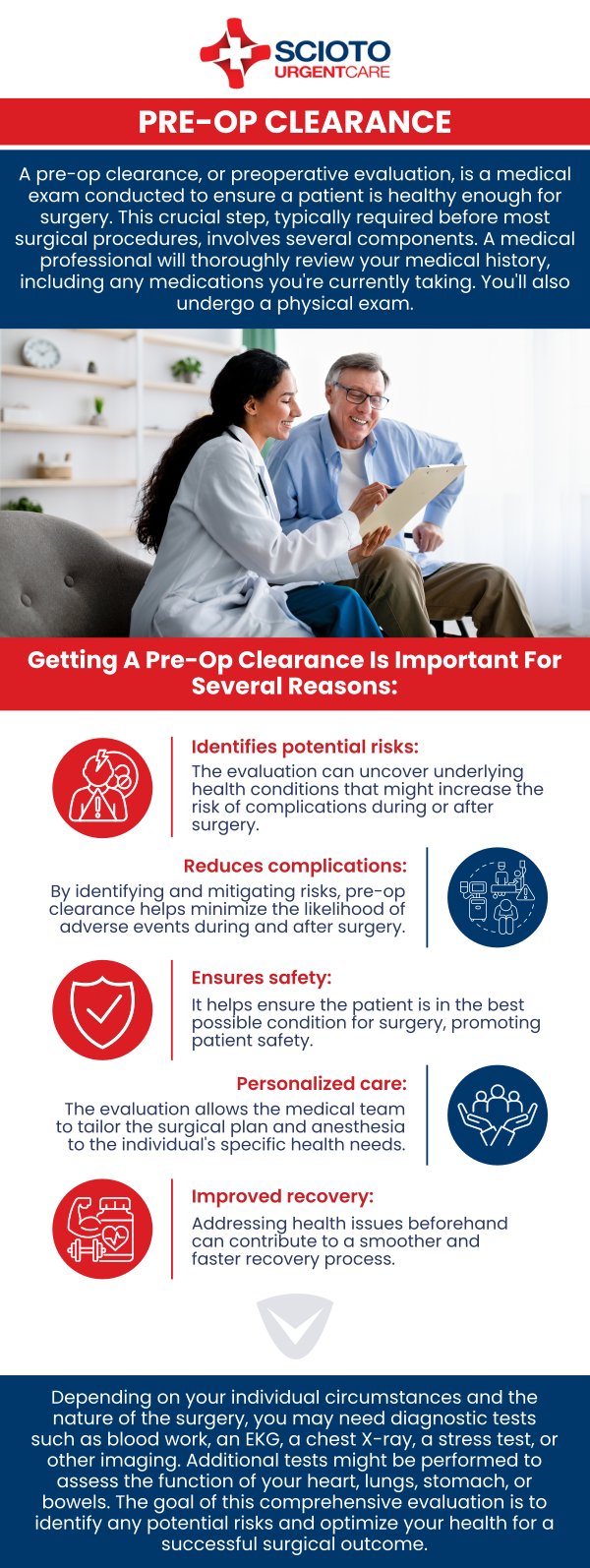 Common questions asked by patients: What is a pre-op physical? Why do I need a pre-op physical? What does a pre-op physical include? How soon should I schedule my pre-op physical? Do I need to fast before my pre-op physical? Can I still have surgery if I have a chronic condition? If you're preparing for surgery, Scioto Urgent Care in Columbus, OH, offers comprehensive pre-op physicals to ensure you're in optimal health. Our board-certified physician, Dr. William Rothe, M.D., provides thorough assessments to help clear you for surgery and ensure a smooth recovery. For more information, contact us now or book an appointment. We are conveniently located at 4760 Sawmill Road Columbus, OH 43235. We serve patients from Columbus OH, Dublin OH, Upper Arlington OH, Hilliard OH, Worthington OH, and surrounding areas. Common questions asked by patients: What is a pre-op physical? Why do I need a pre-op physical? What does a pre-op physical include? How soon should I schedule my pre-op physical? Do I need to fast before my pre-op physical? Can I still have surgery if I have a chronic condition?
If you're preparing for surgery, Scioto Urgent Care in Columbus, OH, offers comprehensive pre-op physicals to ensure you're in optimal health. Our board-certified physician, Dr. William Rothe, M.D., provides thorough assessments to help clear you for surgery and ensure a smooth recovery. For more information, contact us now or book an appointment. We are conveniently located at 4760 Sawmill Road Columbus, OH 43235. We serve patients from Columbus OH, Dublin OH, Upper Arlington OH, Hilliard OH, Worthington OH, and surrounding areas.