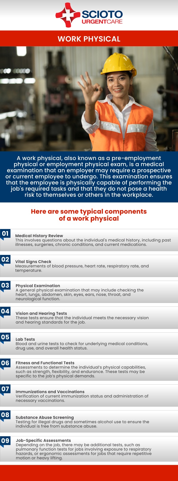 At Scioto Urgent Care, we provide work physicals to ensure both job readiness and workplace safety. Dr. William Rothe, M.D., and our experienced team, perform thorough evaluations that may include medical history reviews, vital checks, vision and hearing tests, and immunization updates, depending on employer requirements. Our goal is to make the process fast, convenient, and professional so employees and employers alike can move forward with confidence. For more information, contact us or schedule an appointment online. We are conveniently located at 4760 Sawmill Road Columbus, OH 43235. At Scioto Urgent Care, we provide work physicals to ensure both job readiness and workplace safety. Dr. William Rothe, M.D., and our experienced team, perform thorough evaluations that may include medical history reviews, vital checks, vision and hearing tests, and immunization updates, depending on employer requirements. Our goal is to make the process fast, convenient, and professional so employees and employers alike can move forward with confidence. For more information, contact us or schedule an appointment online. We are conveniently located at 4760 Sawmill Road Columbus, OH 43235.