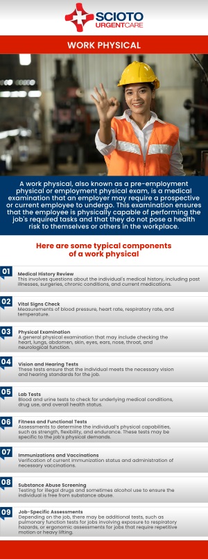 At Scioto Urgent Care, we provide work physicals to ensure both job readiness and workplace safety. Dr. William Rothe, M.D., and our experienced team, perform thorough evaluations that may include medical history reviews, vital checks, vision and hearing tests, and immunization updates, depending on employer requirements. Our goal is to make the process fast, convenient, and professional so employees and employers alike can move forward with confidence. For more information, contact us or schedule an appointment online. We are conveniently located at 4760 Sawmill Road Columbus, OH 43235. At Scioto Urgent Care, we provide work physicals to ensure both job readiness and workplace safety. Dr. William Rothe, M.D., and our experienced team, perform thorough evaluations that may include medical history reviews, vital checks, vision and hearing tests, and immunization updates, depending on employer requirements. Our goal is to make the process fast, convenient, and professional so employees and employers alike can move forward with confidence. For more information, contact us or schedule an appointment online. We are conveniently located at 4760 Sawmill Road Columbus, OH 43235.