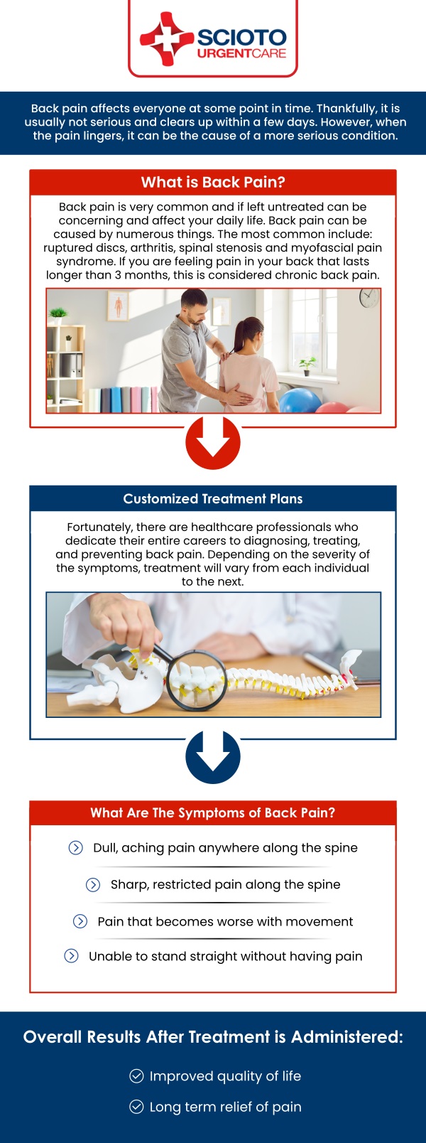 Common questions asked by patients: What are the most common causes of back pain? When should you visit urgent care for back pain? Can urgent care treat lower back pain? What back pain symptoms require prompt medical attention? Can an X-ray help identify the cause of back pain?
Back pain may result from strain, poor posture, or overuse. Dr. William Rothe, M.D., and the team at Scioto Urgent Care offer prompt back pain evaluations in Columbus, OH. For more information, contact us now or book an appointment. We are conveniently located at 4760 Sawmill Road Columbus, OH 43235. We serve patients from Columbus OH, Dublin OH, Upper Arlington OH, Hilliard OH, Worthington OH, and surrounding areas.